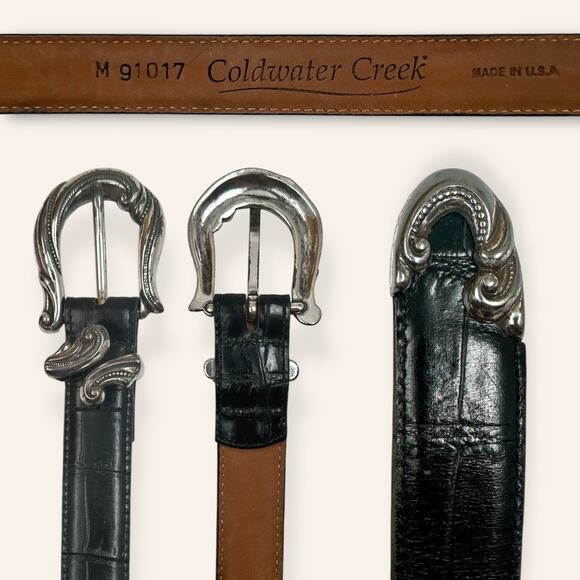 Coldwater Creek Black Leather Silver Buckle Belt M Made in USA - Picture 1 of 2